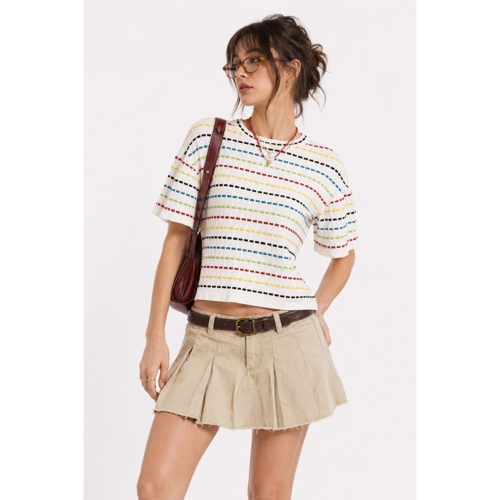 White Multicolor Stripe Knit Top XS Ruffle Sleeve Artsy Preppy Eclectic